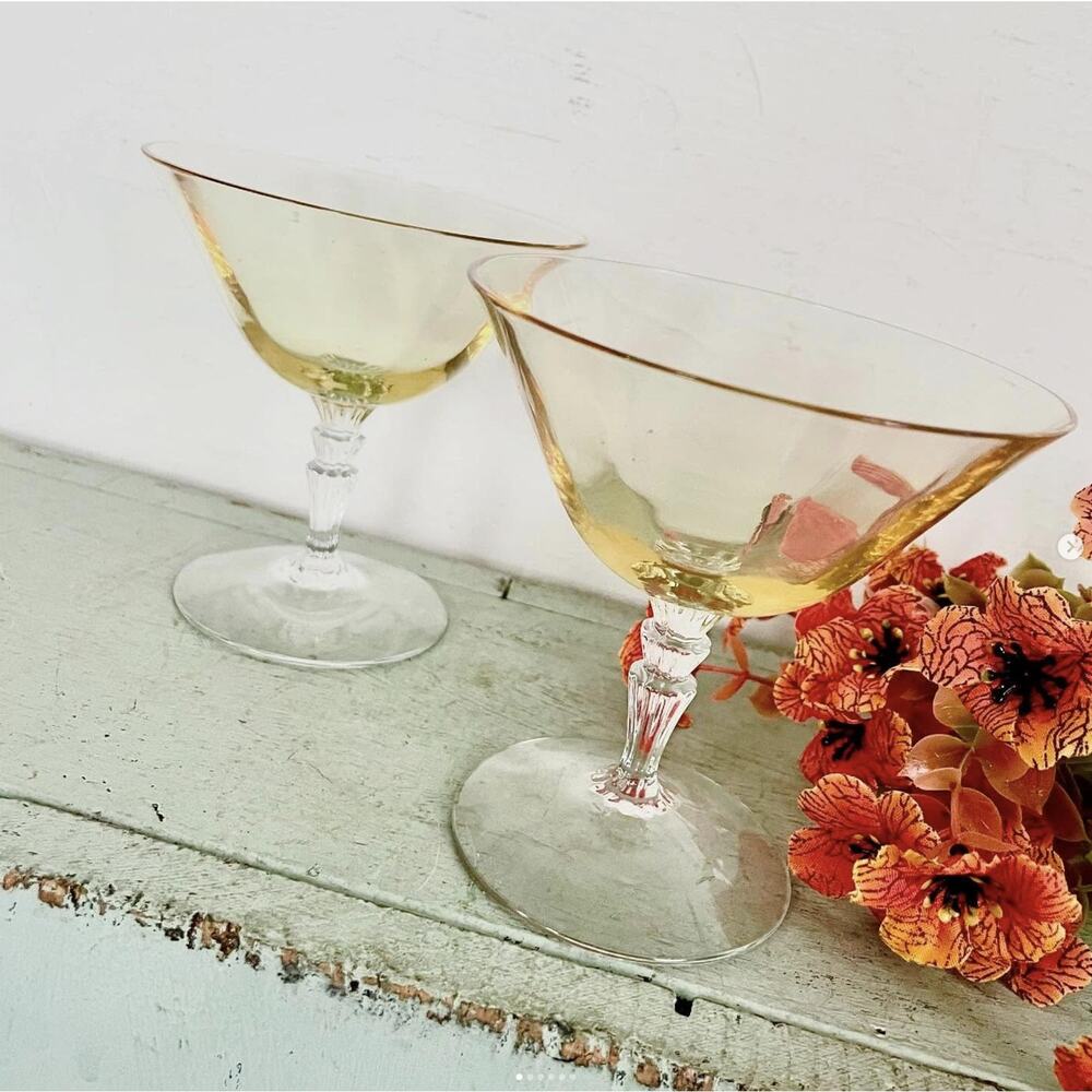 Vintage Fostoria Yellow Topaz Glass Coupe Cocktail Tiered Waterfall Stem PAIR